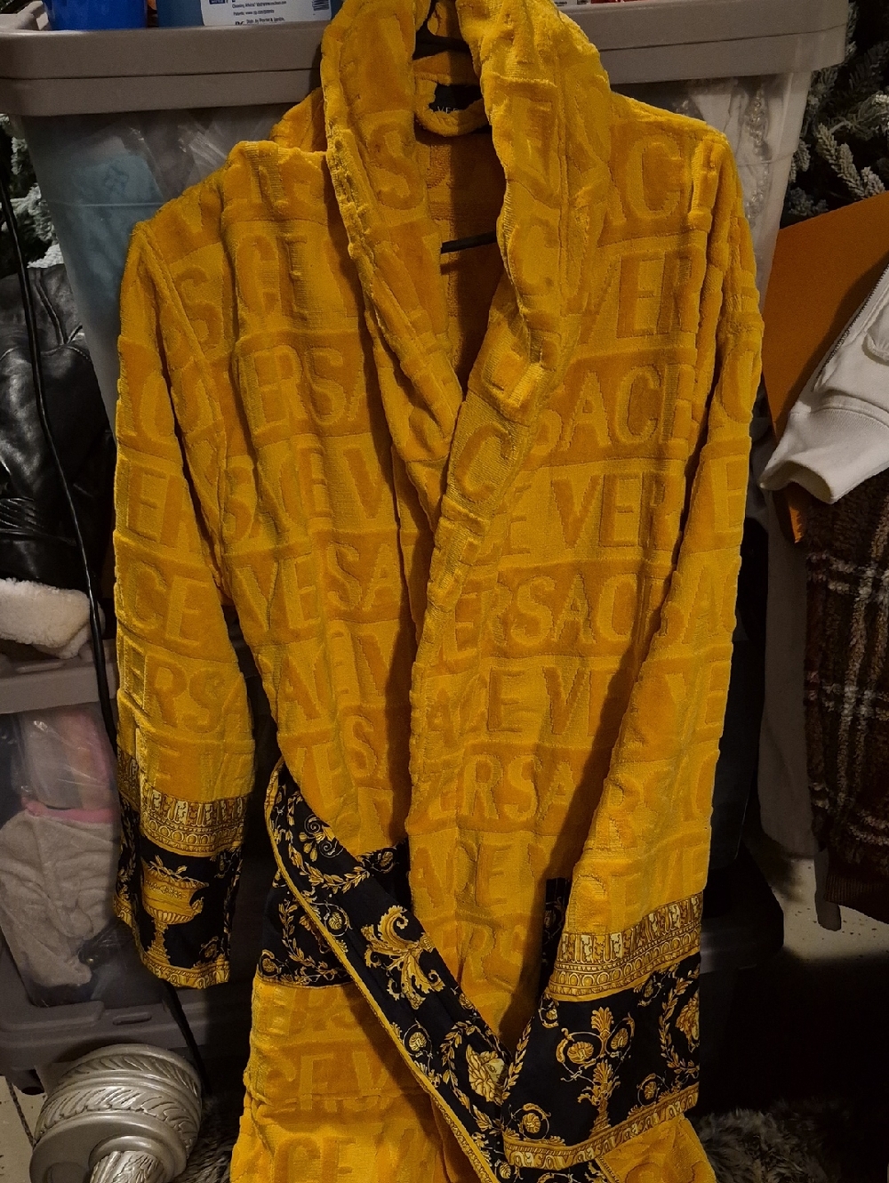 Versace Yellow Gold Baroque Plush Robe with Black Trim